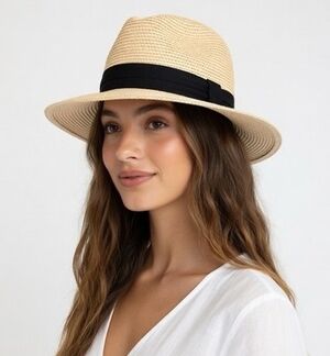 Solar Escape Beige Straw Fedora Beach Sun Hat One Size Paper Blend Unisex VG